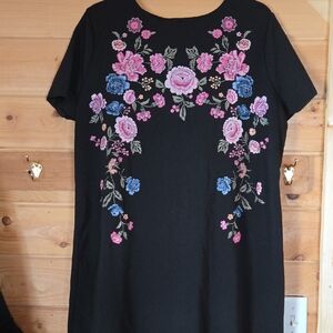 Xhilaration Black Dress with Pink and Blue Floral Embroidery